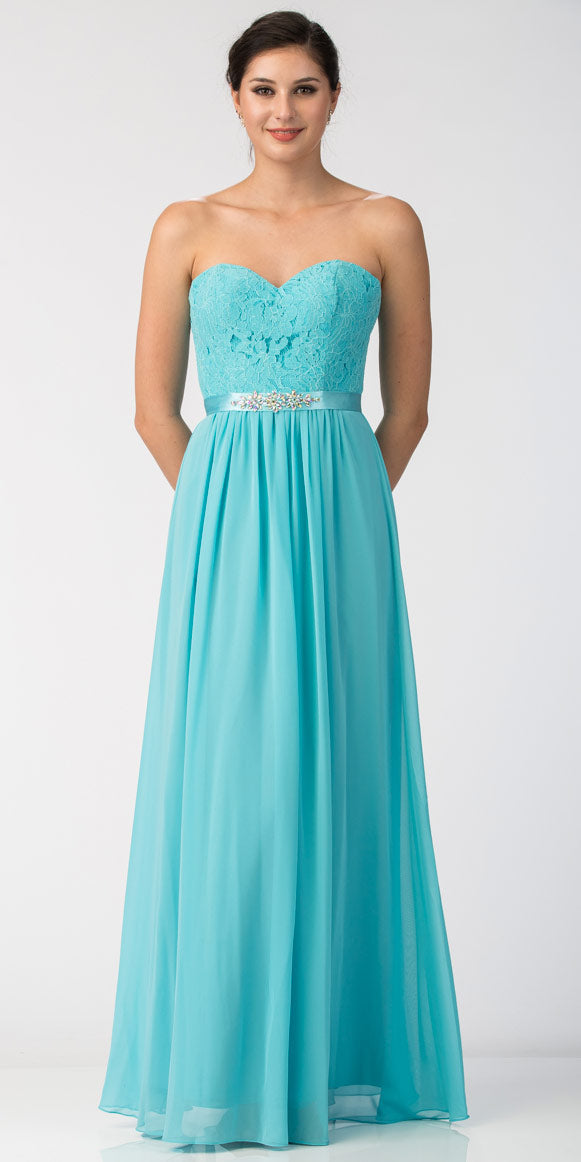 Image of Strapless Floral Lace Bust Long Formal Bridesmaid Dress in Tiffany Blue