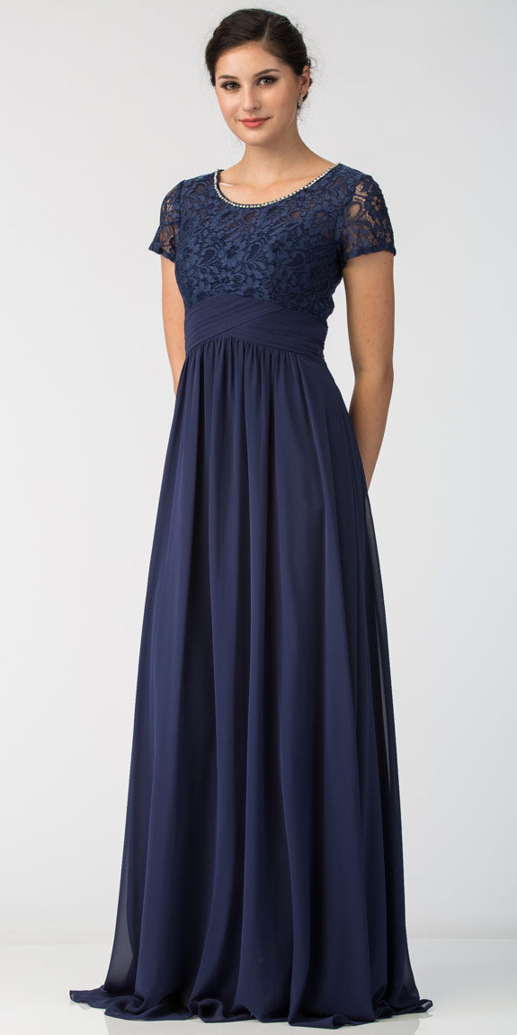 Main image of Floral Lace Top Short Sleeves Long Bridesmaid Mob Dress
