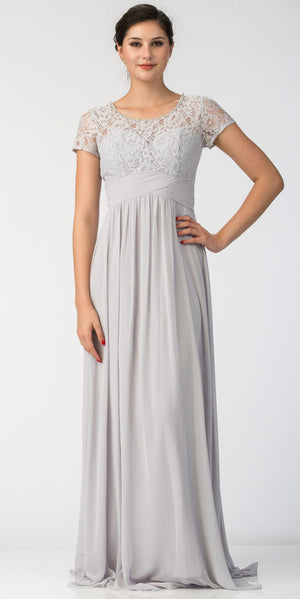 Image of Floral Lace Top Short Sleeves Long Bridesmaid Mob Dress in Silver