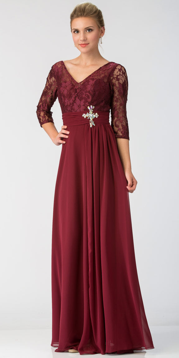 Main image of V-neck Sheer Sleeves Floral Lace Bust Long Formal Mob Dress