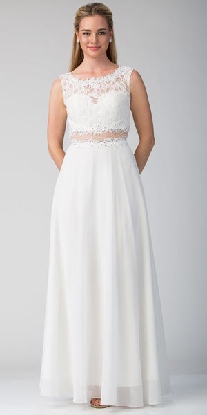 Image of Mock Two Piece Lace Bodice Floor Length Prom Dress in White