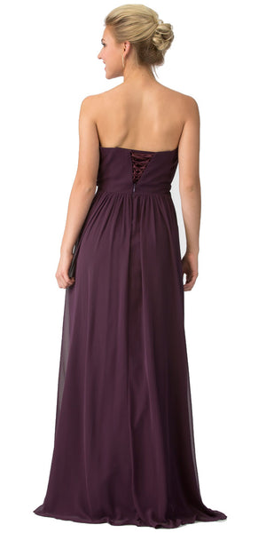 Image of Strapless Shirred Bust Ruffled Skirt Long Bridesmaid Dress back in Eggplant
