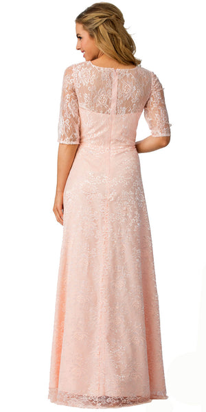 Back image of Round Neck Half Sleeves Floral Mesh Long Bridesmaid Dress