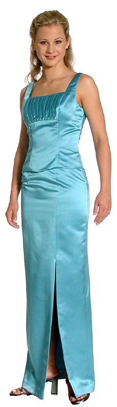 Image of Satin Beaded Full Length Bridesmaid Dress in Carribean Blue